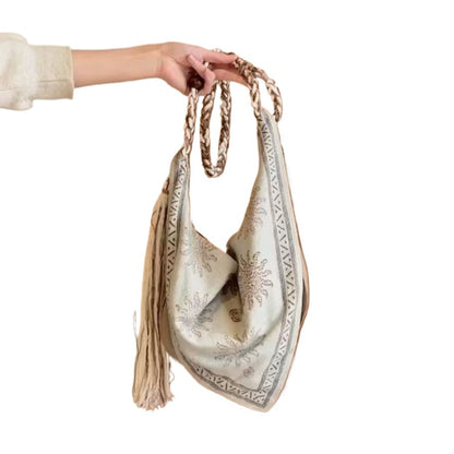Cosbai - Boho Triangle Tote Bag With Tassel