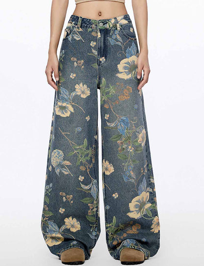 Flower Printed High Rise Wide Leg Baggy Jeans