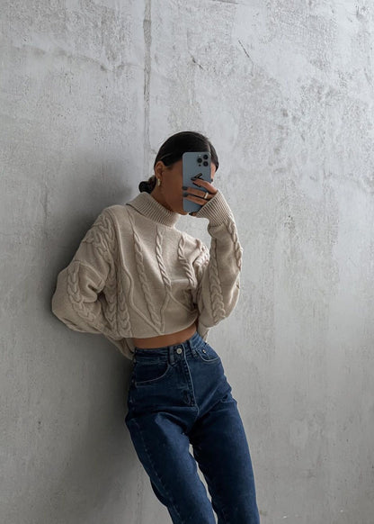 Cable Knit Cropped Turtleneck Sweater Chunky Knit