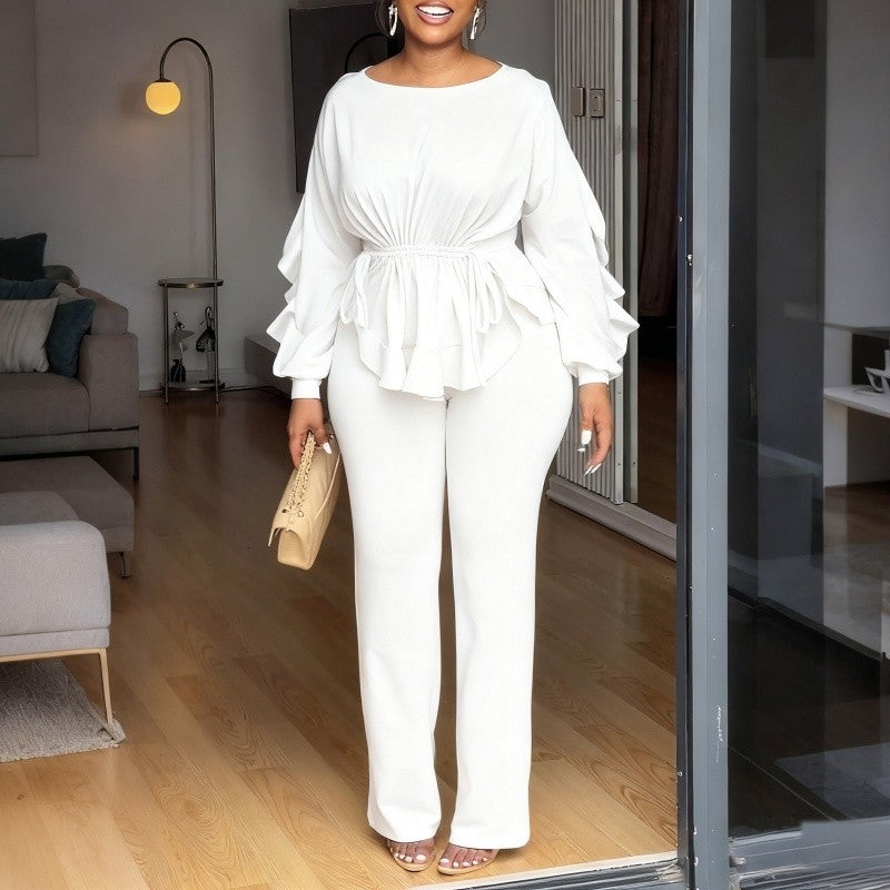 Lace Trim Long Sleeve Top Pants Set