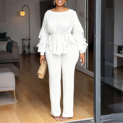 Lace Trim Long Sleeve Top Pants Set