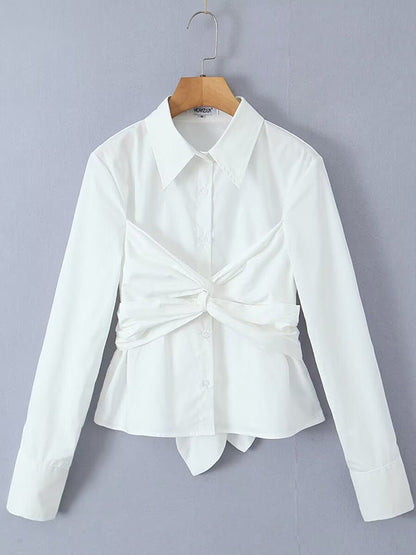 Solid Color Bowknot Buttoned All-Match Long Sleeves Lapel Collar Blouses