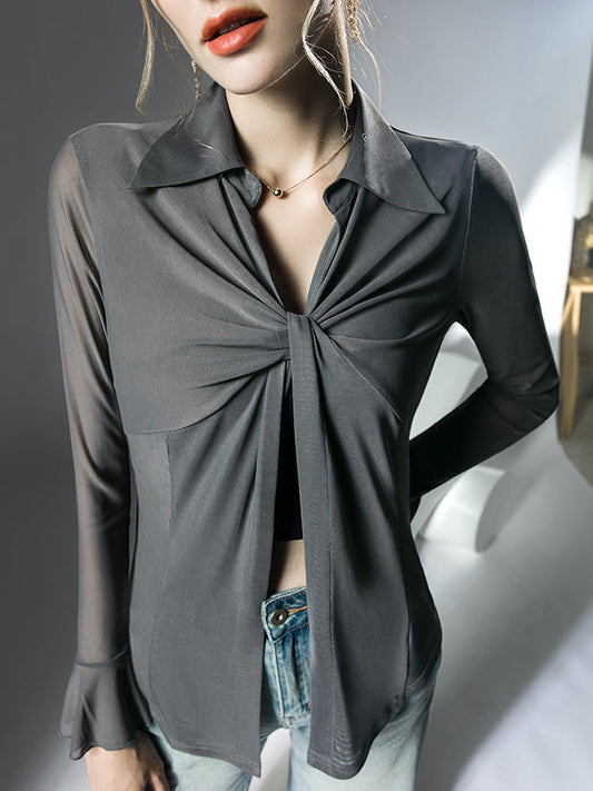 Long Sleeves Ruffle Sleeves Knot Solid Color Lapel Blouses&Shirts Tops