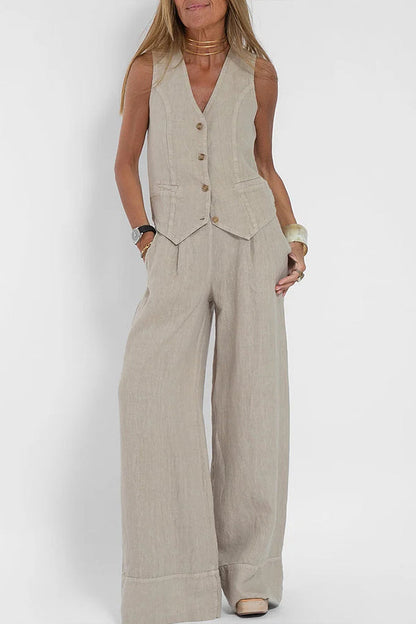 Women Casual Linen Waistcoat Two Set Suits