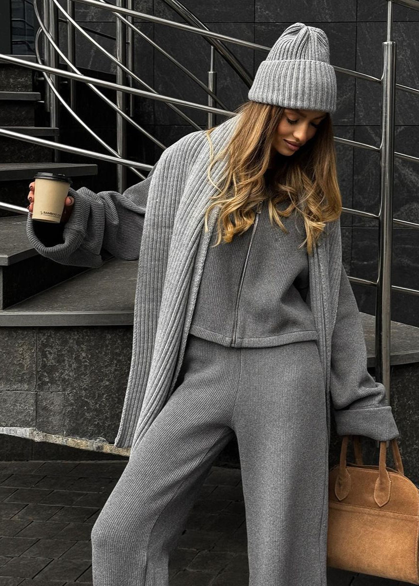 Knit Lounge Set Ribbed Blend Zip Jacket And Wide-Leg Pants
