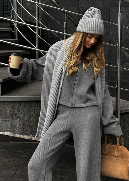 Knit Lounge Set Ribbed Blend Zip Jacket And Wide-Leg Pants