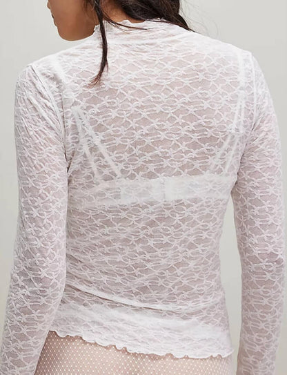 Solid Color Lace See Through Slim Tops