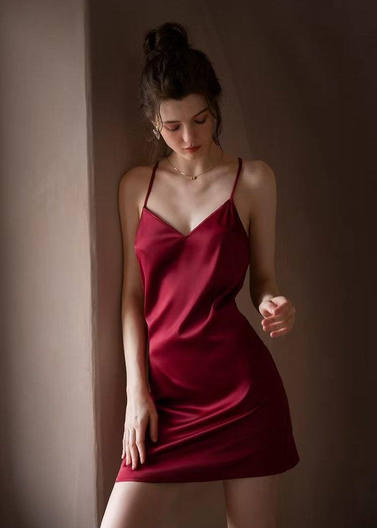 Backless Satin Nightdress Burgundy Silky Slip