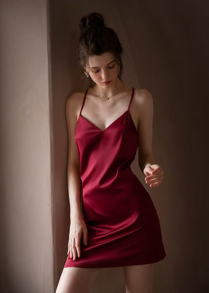 Backless Satin Nightdress Burgundy Silky Slip