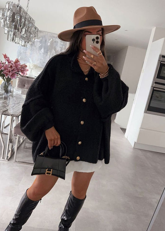 Oversized Button Front Knit Cardigan Beige Black