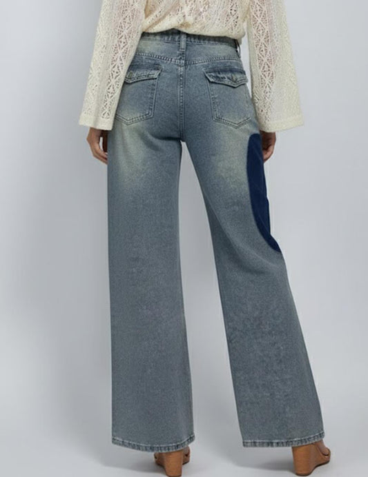 Splicing Heart Distressed Low Rise Straight Leg Jeans