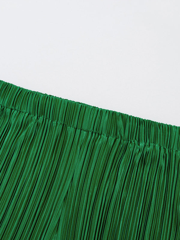Loose Solid Color Pleated Blouse&Wide Legs Pants 2 Pieces Set