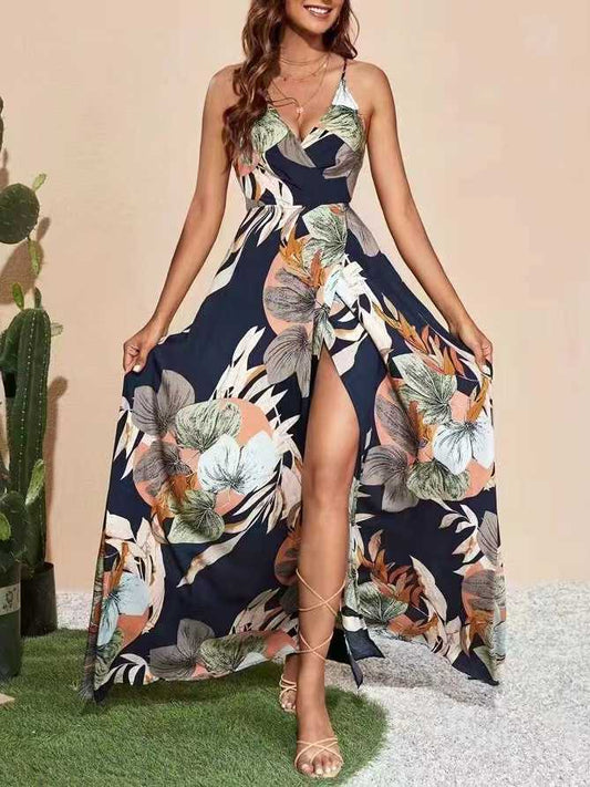 Printed Suspender Long Split Leg Stylish High-End Sexy Deep V Dress