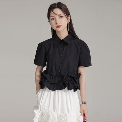 Pleated Ruffled Lapel Long Sleeve Blouse