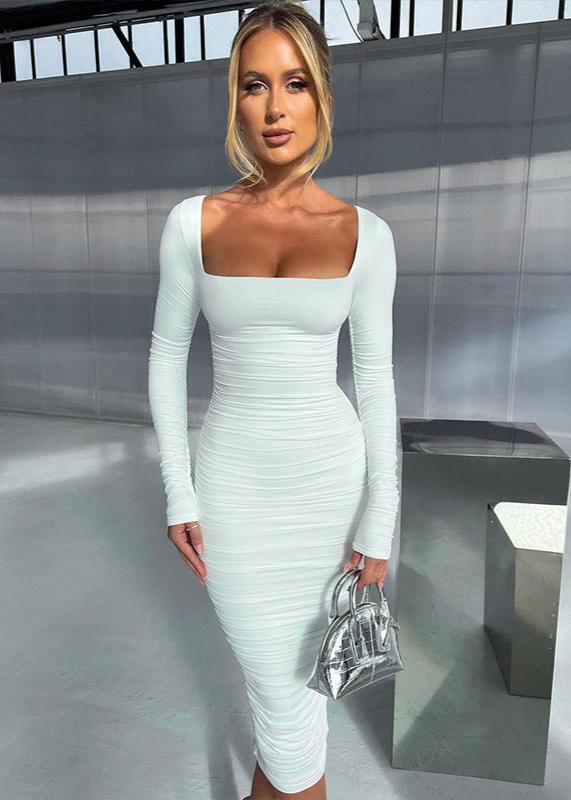 Pleated Long Sleeve Slim Fit Dress White Stretchy Fabric