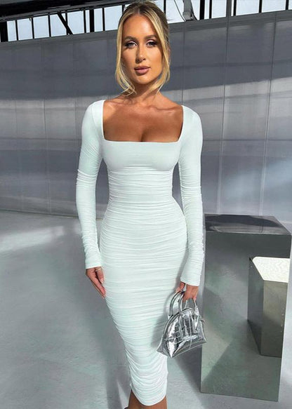 Pleated Long Sleeve Slim Fit Dress White Stretchy Fabric