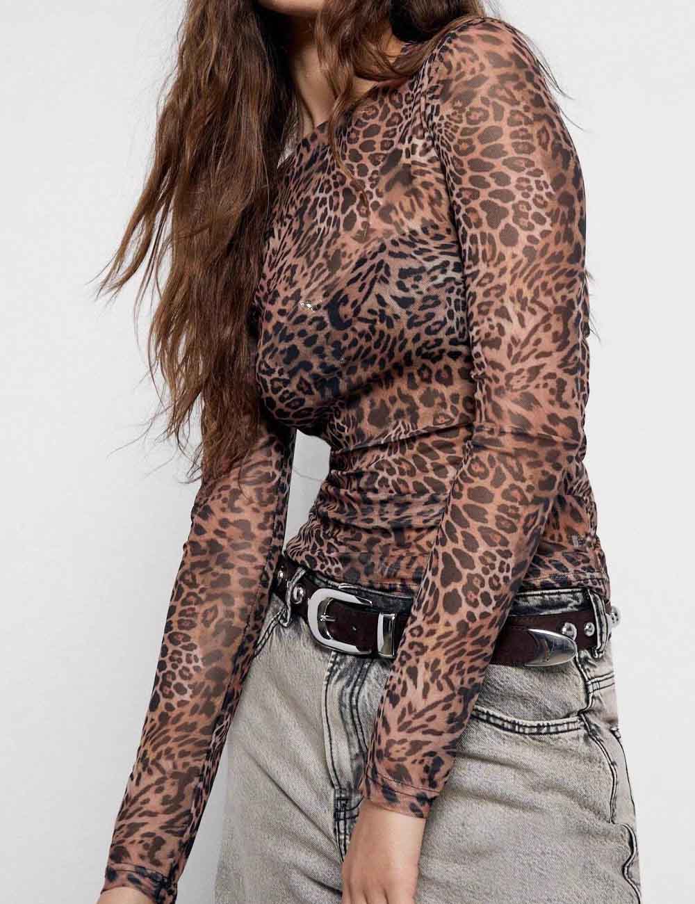 Vintage Mesh Leopard Print Slim Blouse