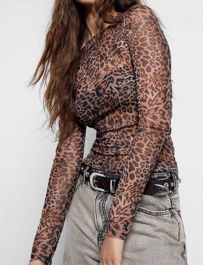 Vintage Mesh Leopard Print Slim Blouse
