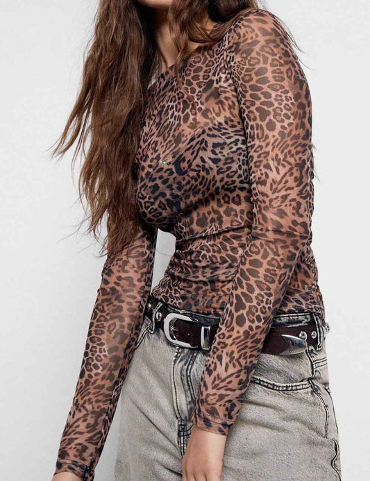Vintage Mesh Leopard Print Slim Blouse