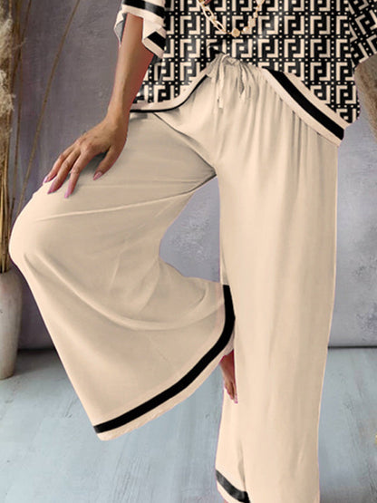 Urban Loose Printed V-Neck T-Shirt & Wide Leg Pants Suit