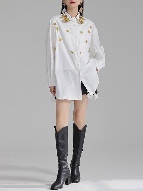 Long Sleeves Loose Buttoned Embroidered Split-Side Lapel Blouses&Shirts Tops