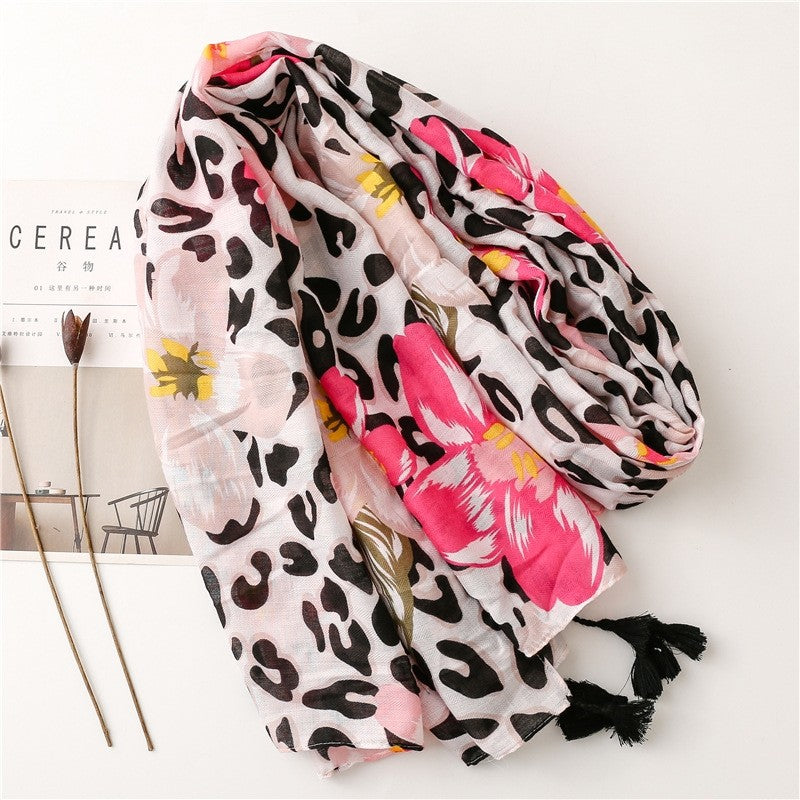 Tropical Plant Floral Leopard Contrast Scarf
