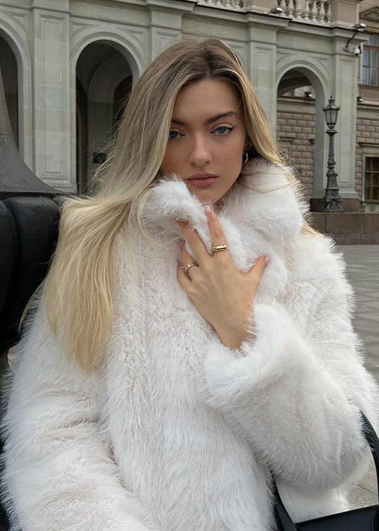 White Faux Fur Short Coat With High Collar