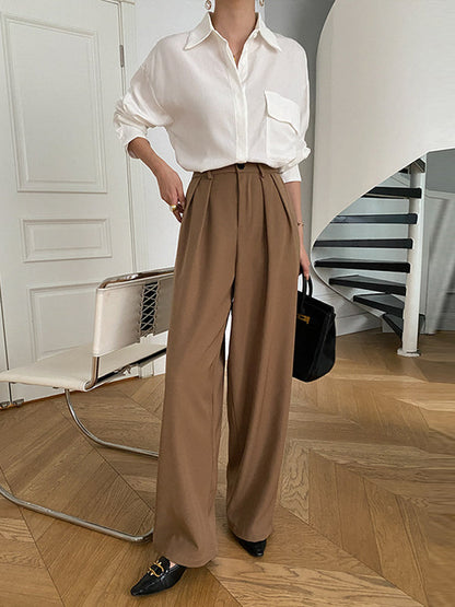 Loose Wide Leg Pleated Solid Color Pants Trousers