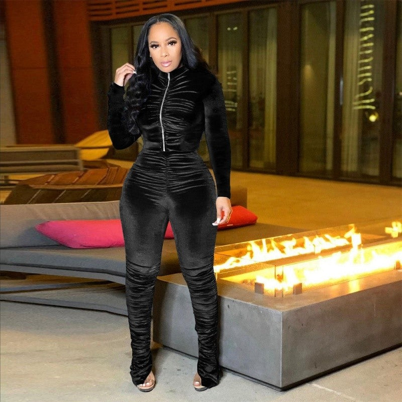 Pleated Solid Color Coat Pants Two Piece Set