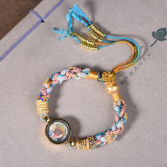 Hand-Woven New Tibetan-Style Ethnic Zakiram Thangka Yellow God Of Wealth Hand Rope Women'S Bracelet Retro Hand Rope