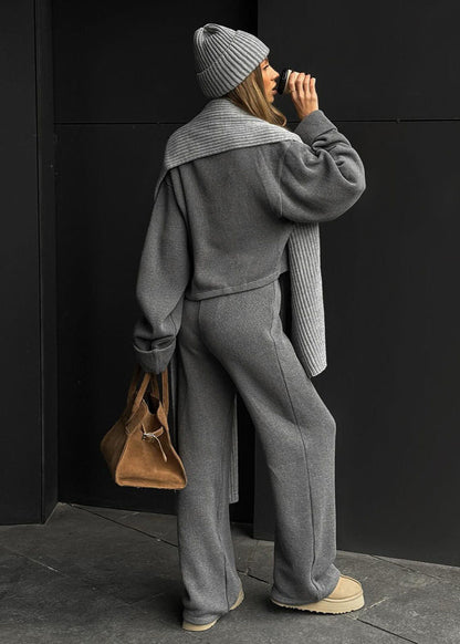 Knit Lounge Set Ribbed Blend Zip Jacket And Wide-Leg Pants