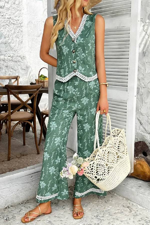 Lace cardigan vest long pants suit women's clothing