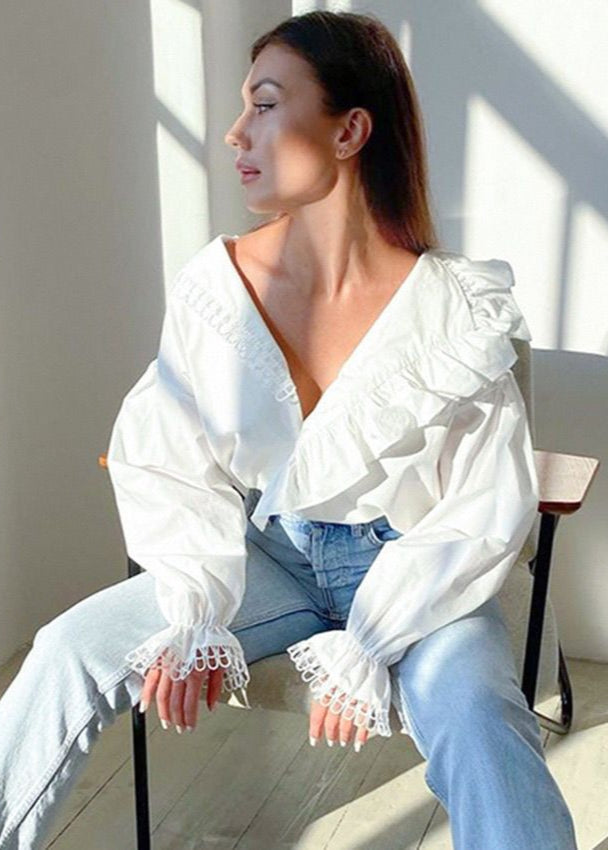 Ruffle Trim Long Sleeve Blouse Lightweight Polyester Cotton