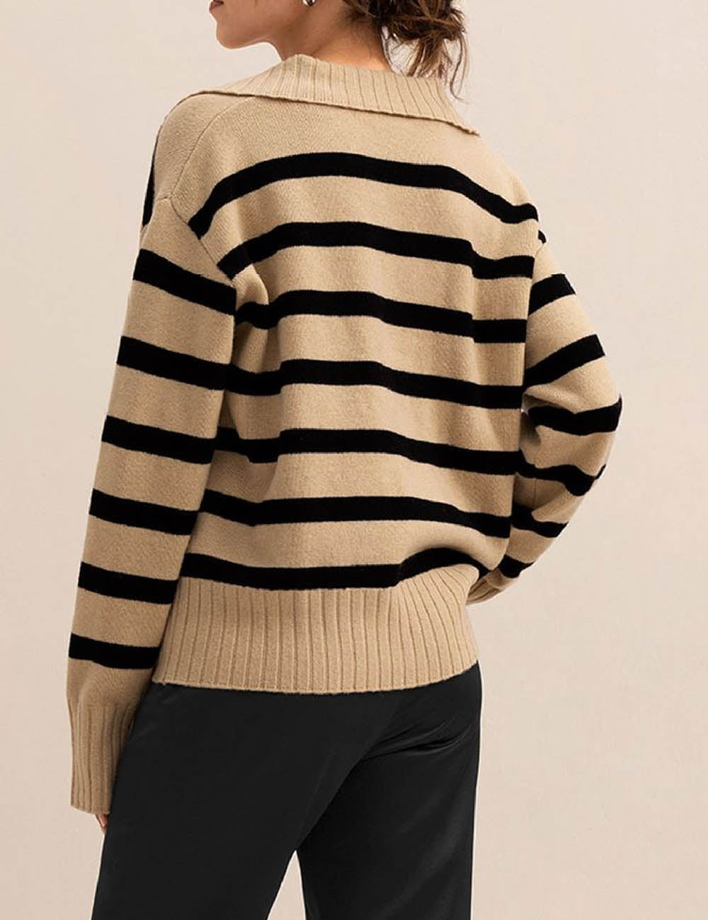Winter Polo Collar Striped Knit Pullover Sweater
