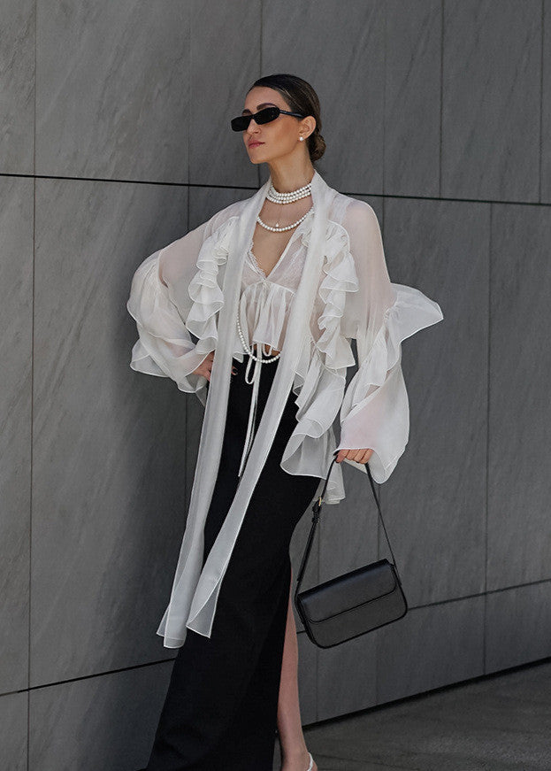 Sheer Silk Blend Ruffle Tie Front Blouse