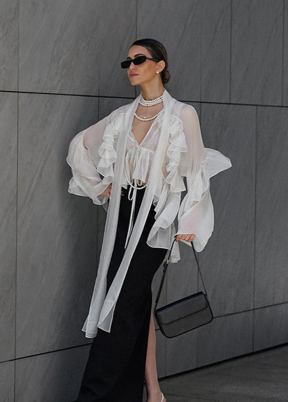 Sheer Silk Blend Ruffle Tie Front Blouse