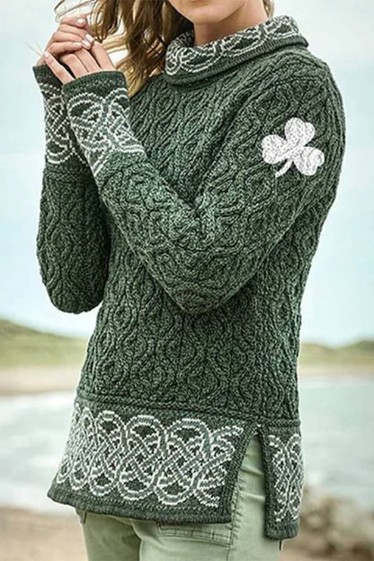 Women's Celtic Knotted Clover Creative Jacquard Turtleneck Sweater