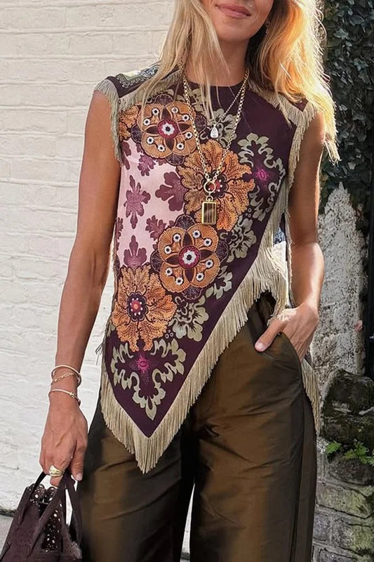 Stunning Floral Print Asymmetric Tassel Trim Scarf Top