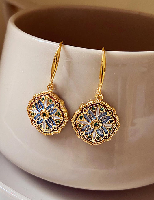Vintage Gold Enamel Floral Hook Earrings