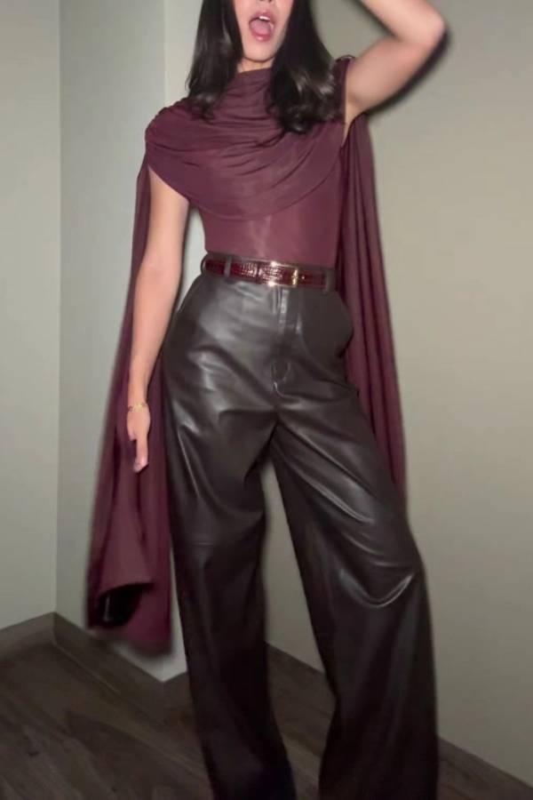 Elegant High-waist Wide-leg Faux Leather Pants