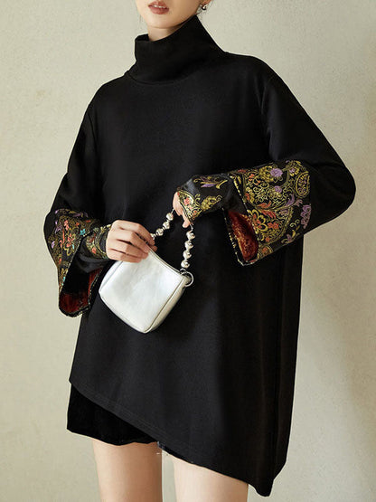 Fake Two-Piece Irregular Clipping Embroidered Split-Joint High Neck Sweatershirt