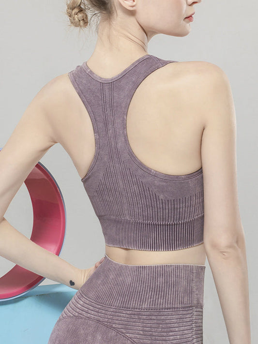 Solid Color Seamless Sports Bra High Elastic Jacquard Print Washed Sleeveless Open Navel Vest Tight Sports Yoga Top For Women