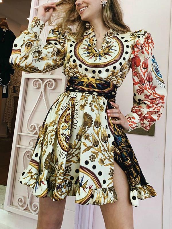Vintage Print Women'S Dress V Neck Puff Long Sleeve High Waist Tunic Patchwork Ruffle Mini Female Dresses