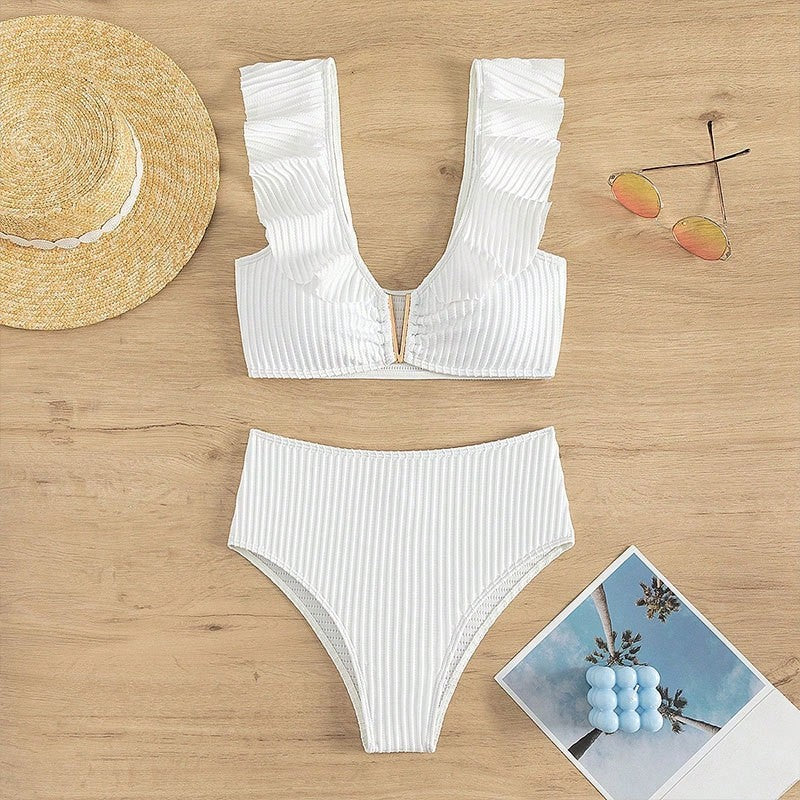 High Waist Solid Color Bikini With V Neck And Ruffle