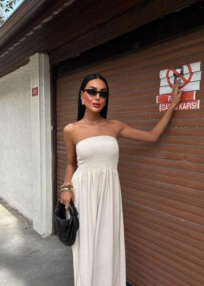 Strapless Smocked Polyester Maxi Dress Yellow