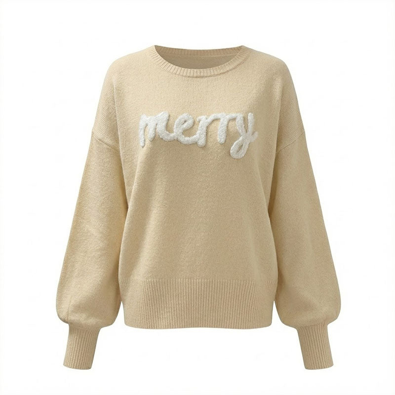 Knitted Graphic Round Neck Merry Pullover Sweater