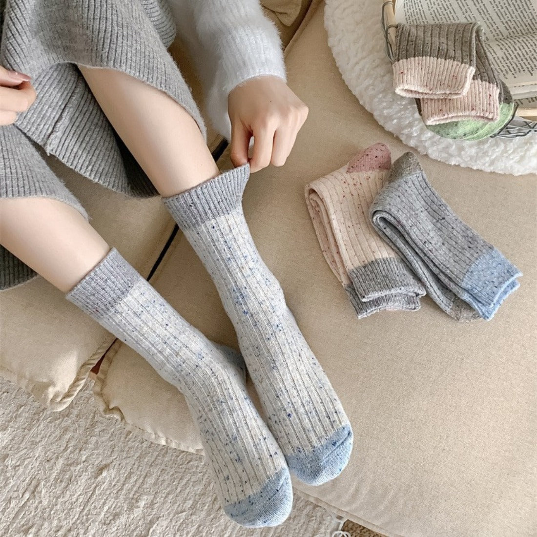Rufia - Color Block Polka Dot Thermal Mid-Calf Socks