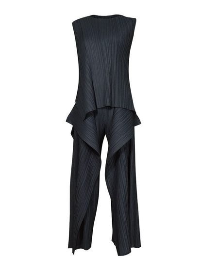 Irregular Clipping Loose Asymmetric Pleated Solid Color Split-Side Tiered Round-Neck Casual Pants Bottoms Two Pieces Set Vest Top