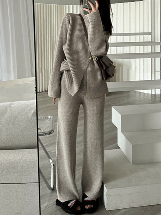 Casual Loose Solid Color Half Turtleneck Sweater Tops & Wide Leg Pants Suits