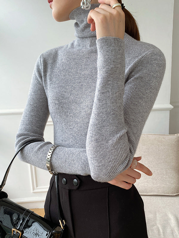Simple Skinny Solid Color High-Neck Sweater Tops Pullovers